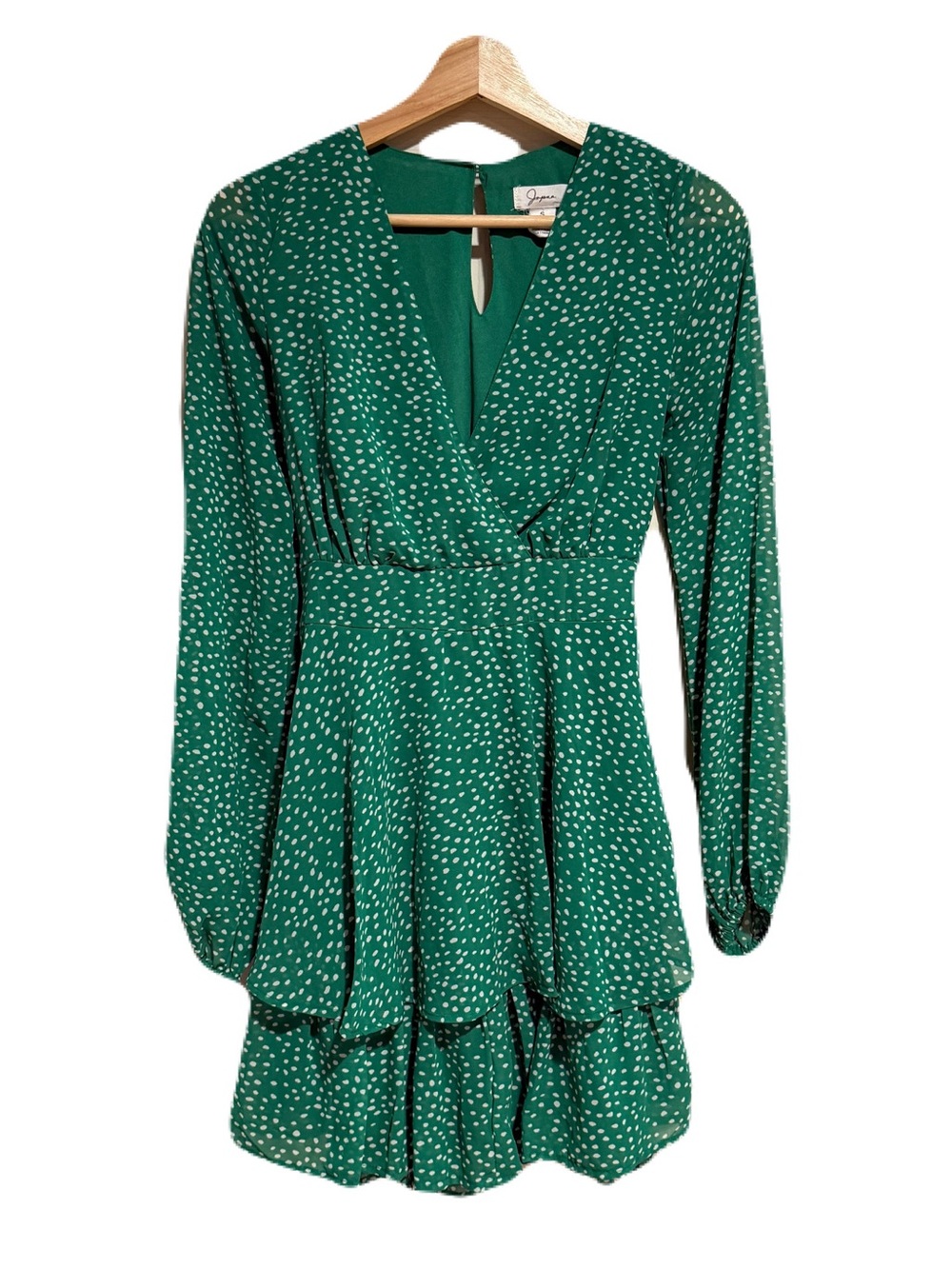 Japna Green Printed Long-Sleeve V-Neck Tiered Dress
